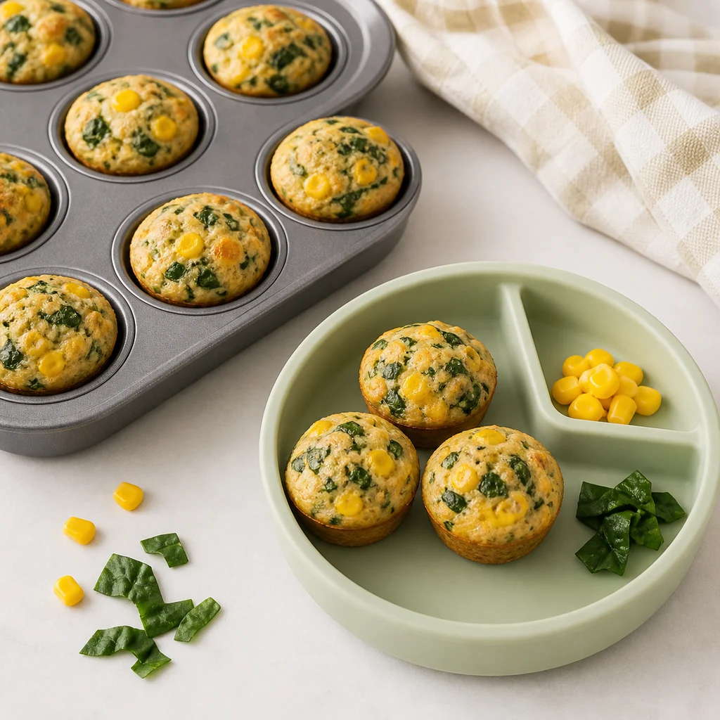 Savory Spinach Sweet Corn Mini Muffins process image for TinyTummyTreats