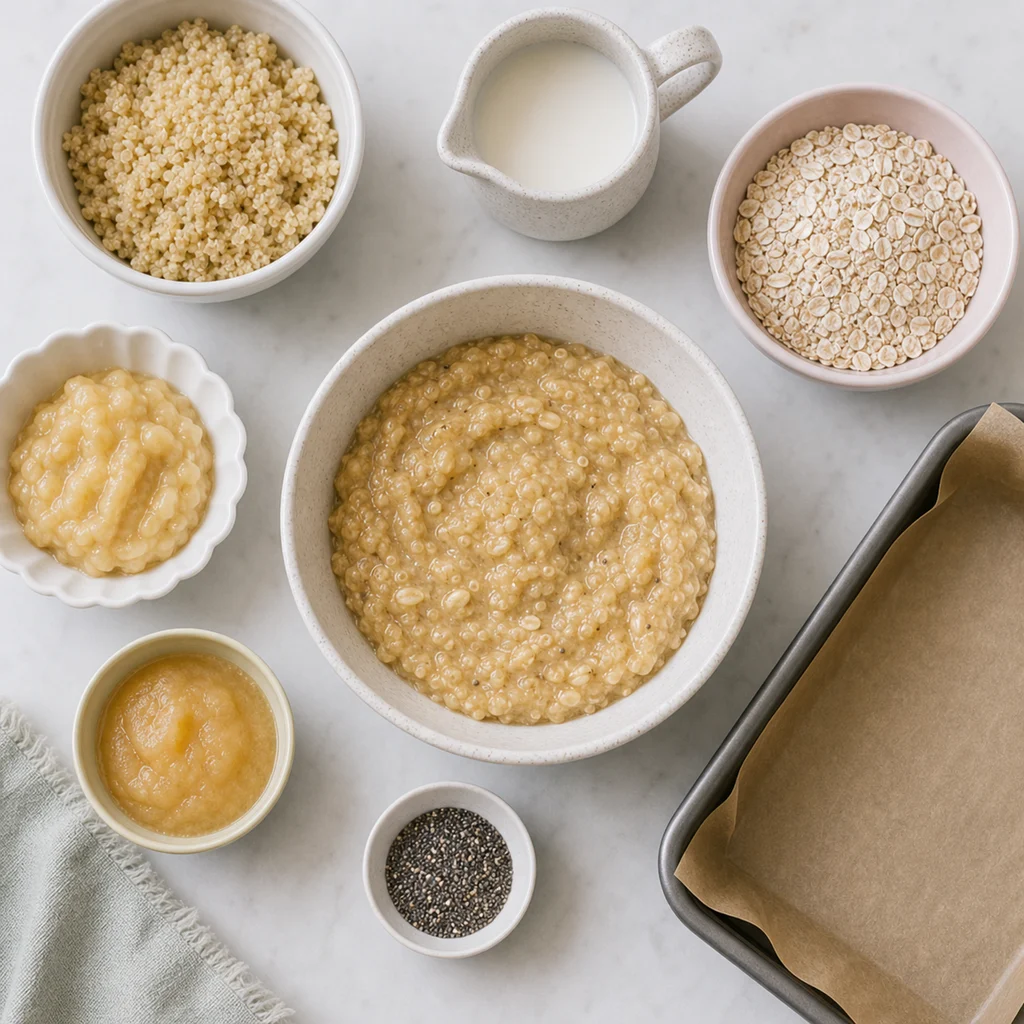 Soft Quinoa Banana Toddler Porridge Bars ingredients image for TinyTummyTreats
