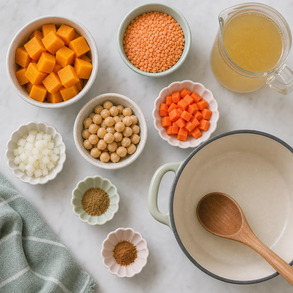 Spiced Chickpea Pumpkin Lentil Soup ingredients image for TinyTummyTreats