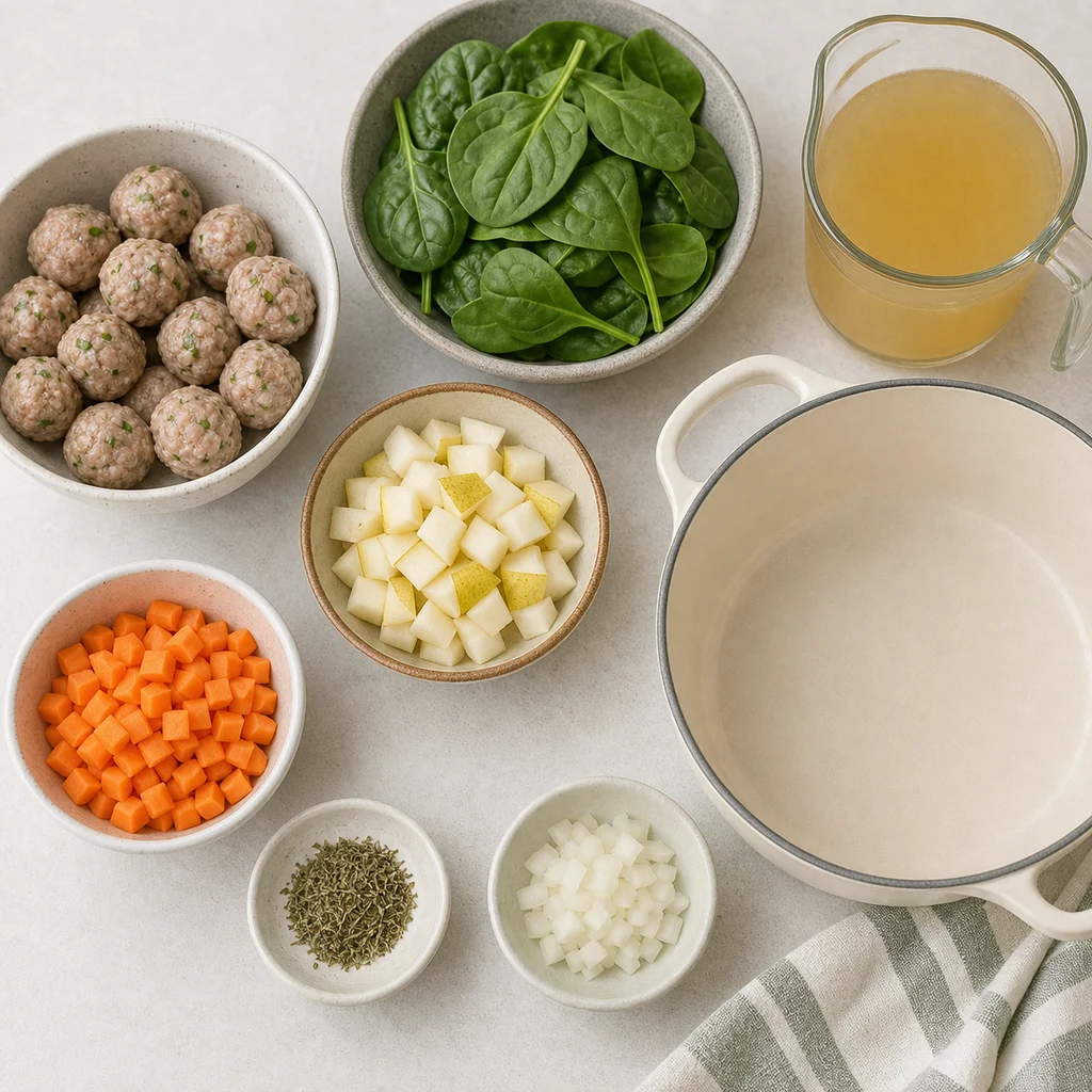 Spinach Pear Toddler Meatball Soup ingredients image for TinyTummyTreats