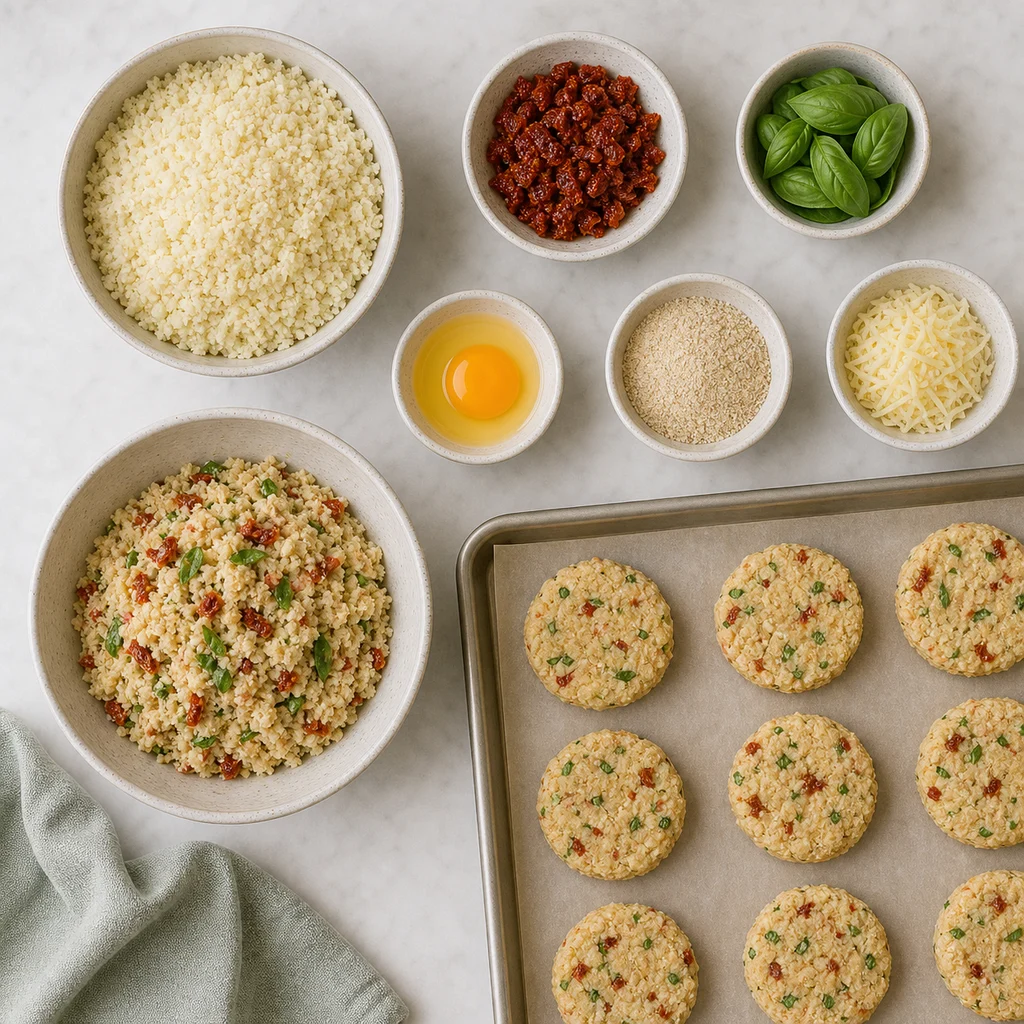 Sun Dried Tomato Basil Cauliflower Rice Cakes ingredients image for TinyTummyTreats