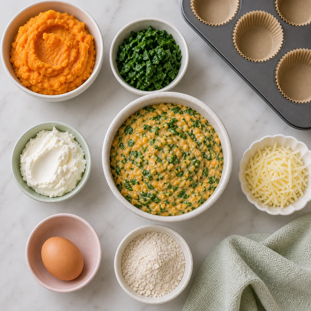 Sweet Potato Spinach Mini Savoury Cheesecakes ingredients image for TinyTummyTreats