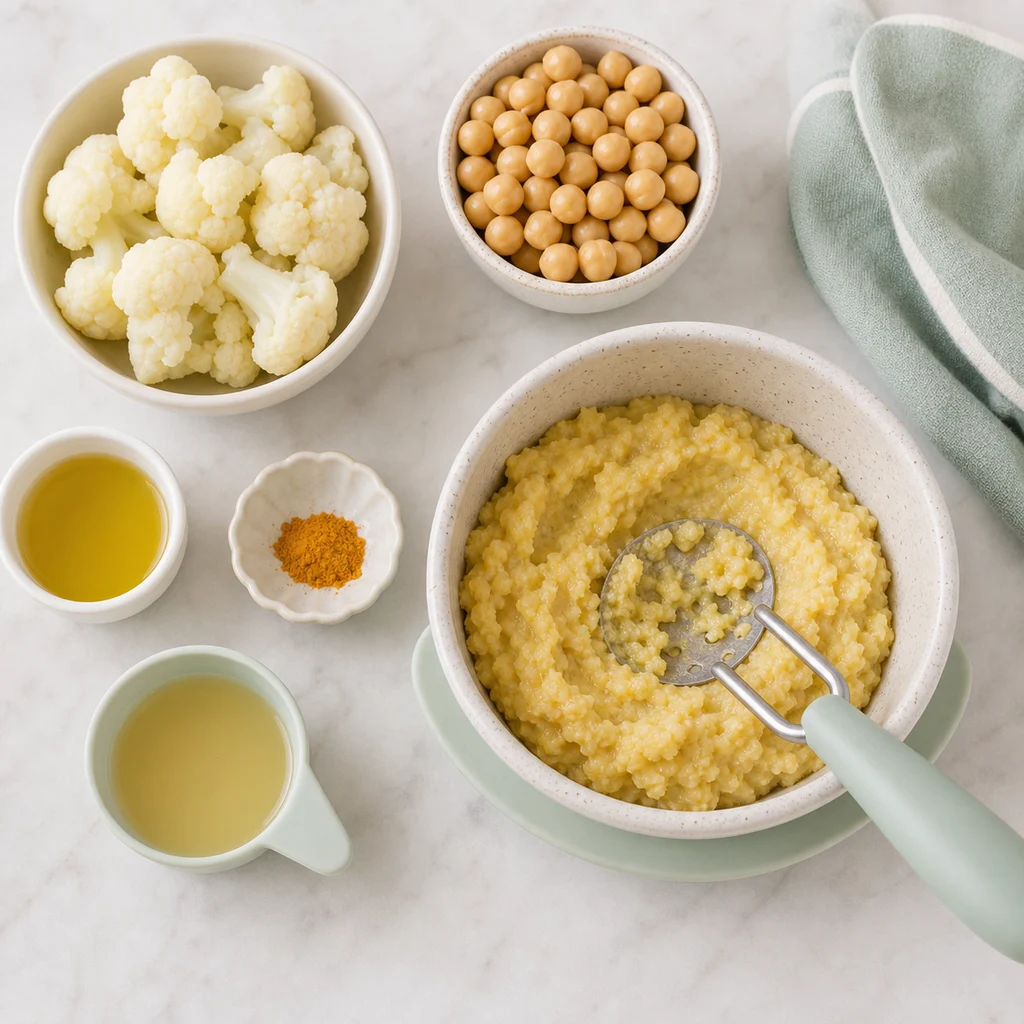 Tender Cauliflower Chickpea Mash Mild Turmeric ingredients image for TinyTummyTreats