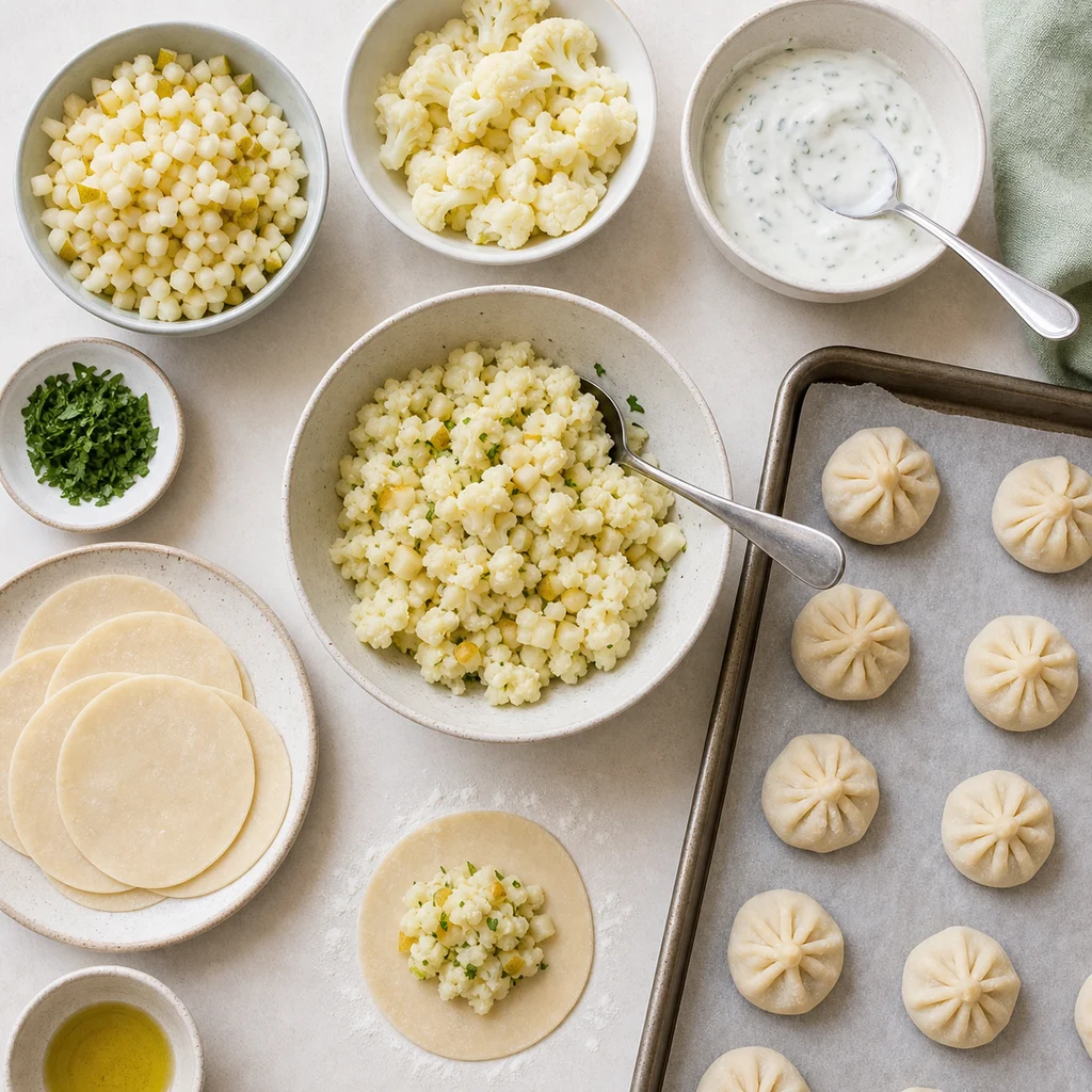 Tender Pear Cauliflower Mini Dumplings Mild Herb Sauce ingredients image for TinyTummyTreats