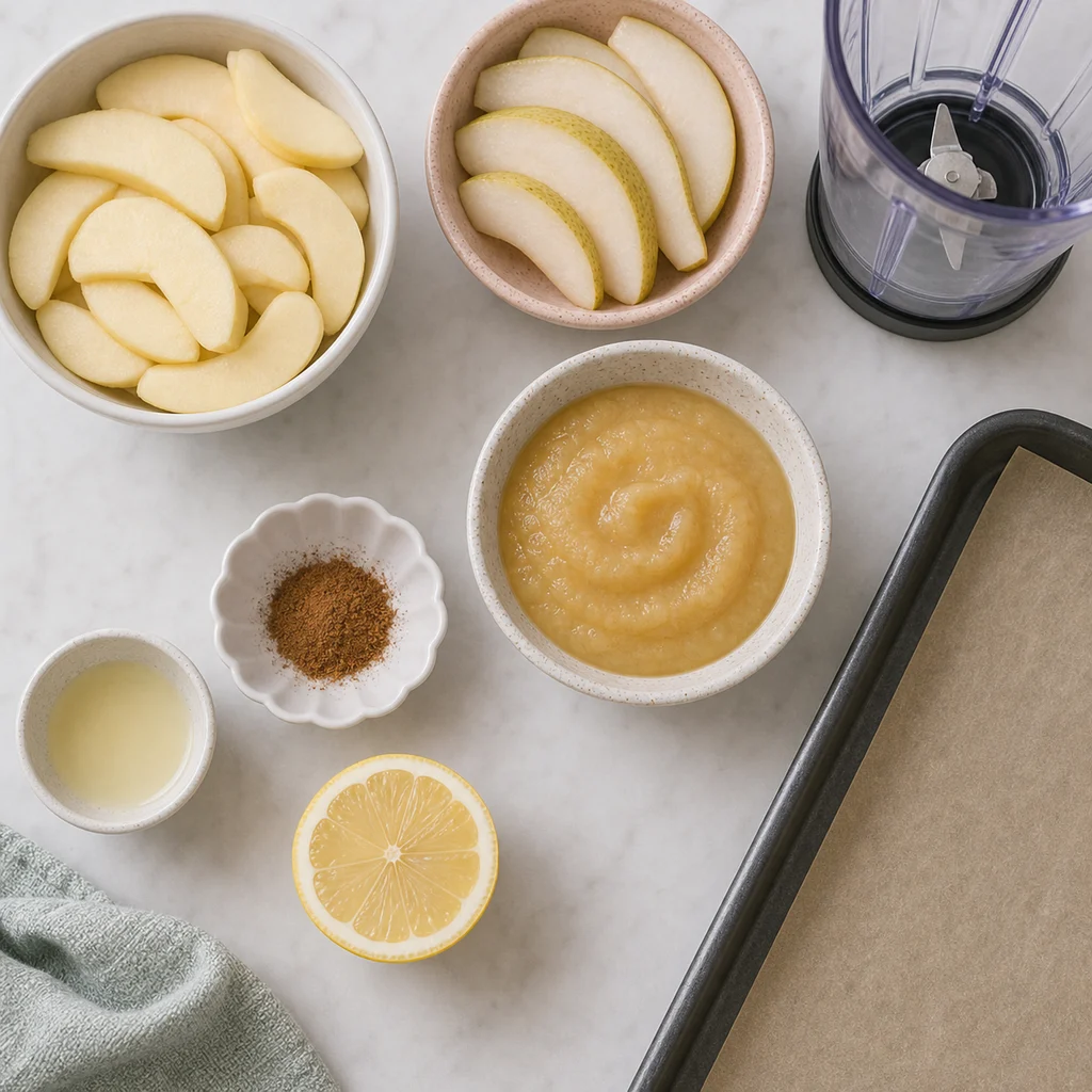 Toddler Friendly Baked Apple Pear Fruit Leather ingredients image for TinyTummyTreats