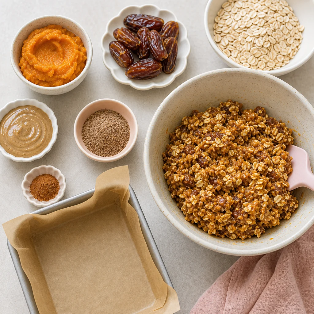 Wholesome No Bake Pumpkin Date Bars ingredients image for TinyTummyTreats
