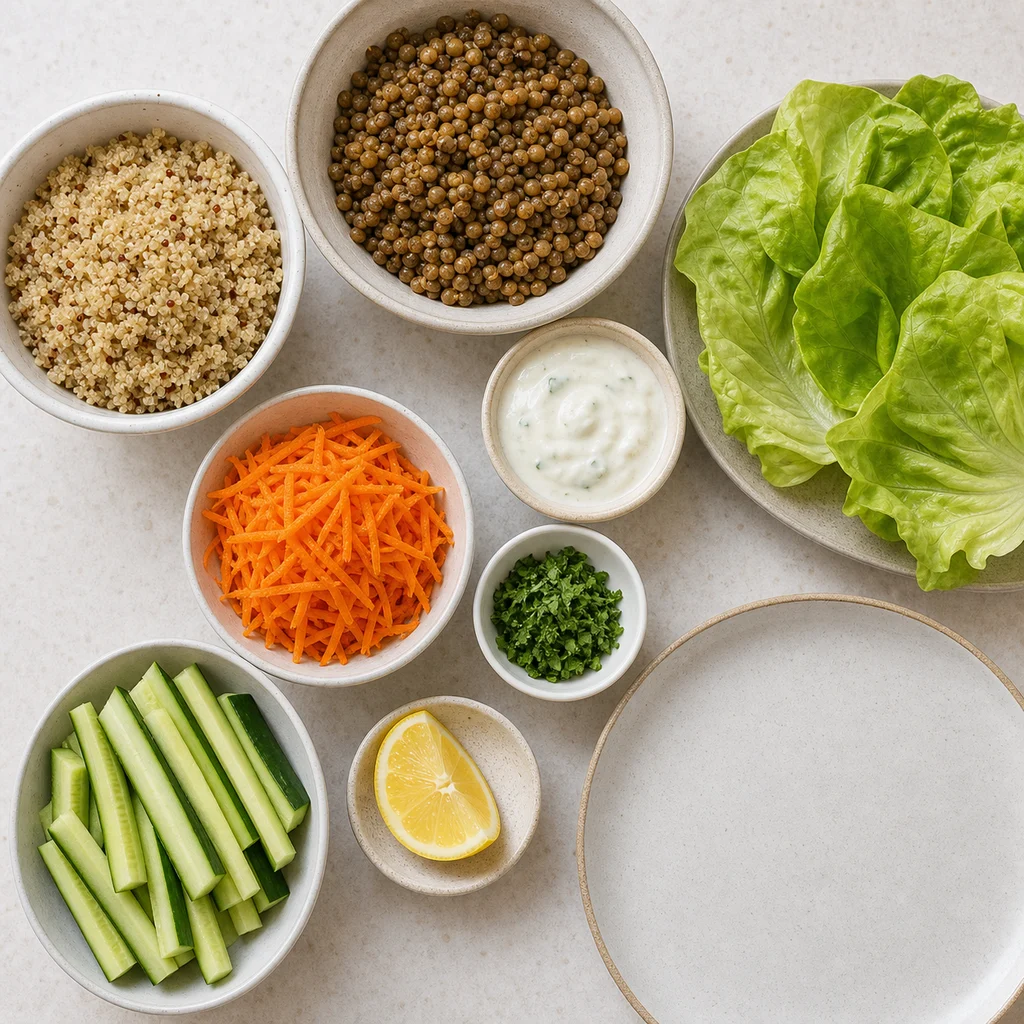 Zesty Quinoa Lentil Lettuce Wraps Carrot Cucumber ingredients image for TinyTummyTreats